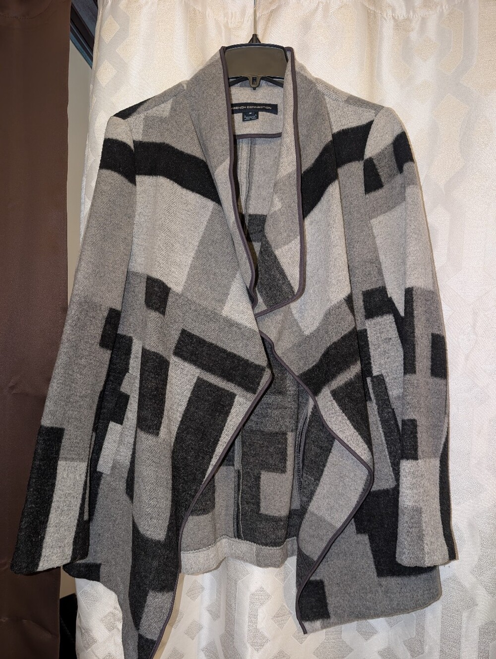 French Connection Gray & Charcoal Geometric Open-Front Wool Blend Jacket